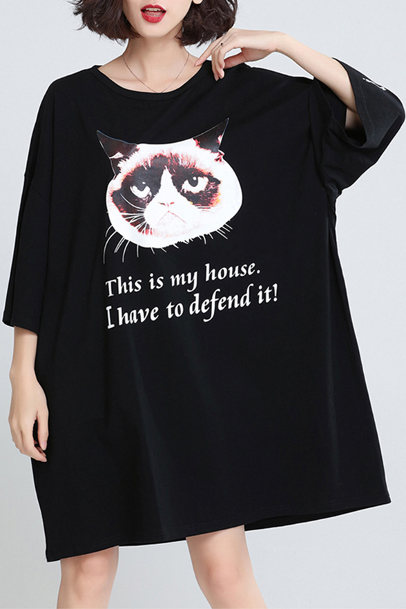 

Round Neck Batwing Sleeve Letter Cat Printed Cotton Loose Oversize, Black