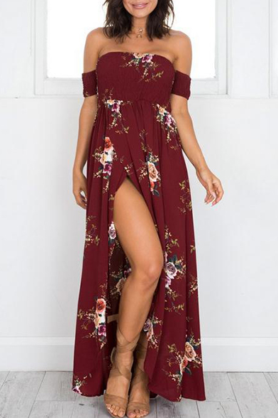 

New Fashion Off The Shoulder Short Sleeve Split Front Maxi Beach Dress, Burgundy