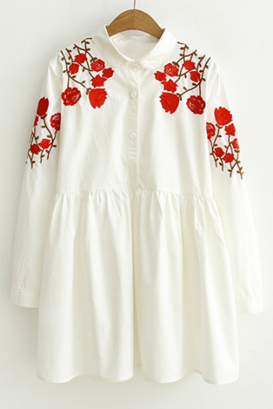 

Lapel Collar Long Sleeve Floral Embroidered Buttons Down Smock Shirt, White