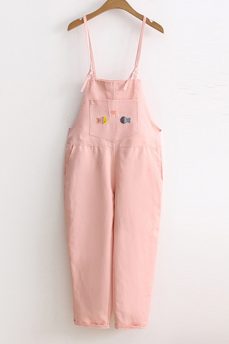 

Summer's Cartoon Fish Embroidered Wide Legs Overalls with Pockets, Pink