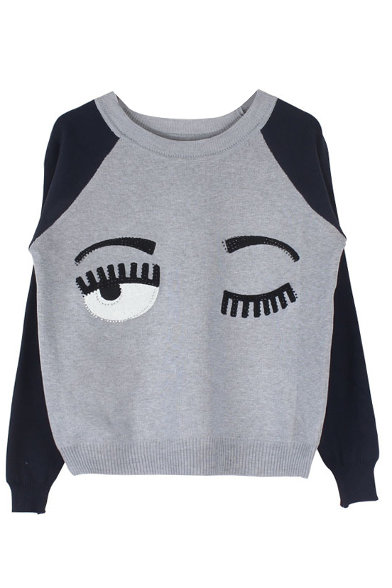 

Eyes Embroidery Color Block Long Sleeve Sweatshirt, Gray