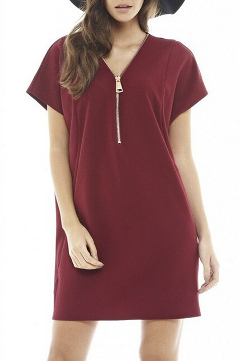 

Fashion Zip Design V-Neck Sexy Short Sleeve Shift Mini Dress, Burgundy