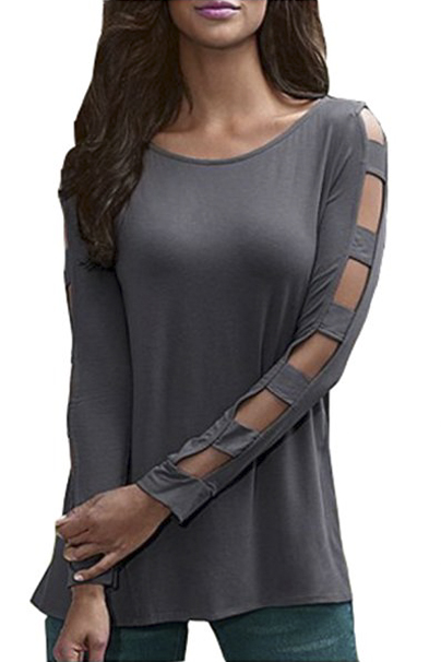 

Women's Cold Shoulder Long Sleeve Plain Tunic Top, Gray