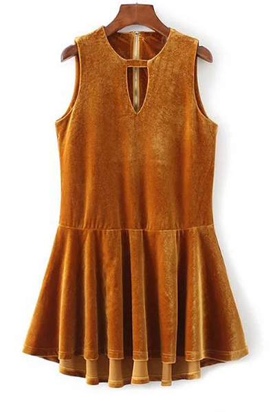 

Trendy Plain Cutout V-Neck Sleeveless Zip Back Pleated Dress, Yellow