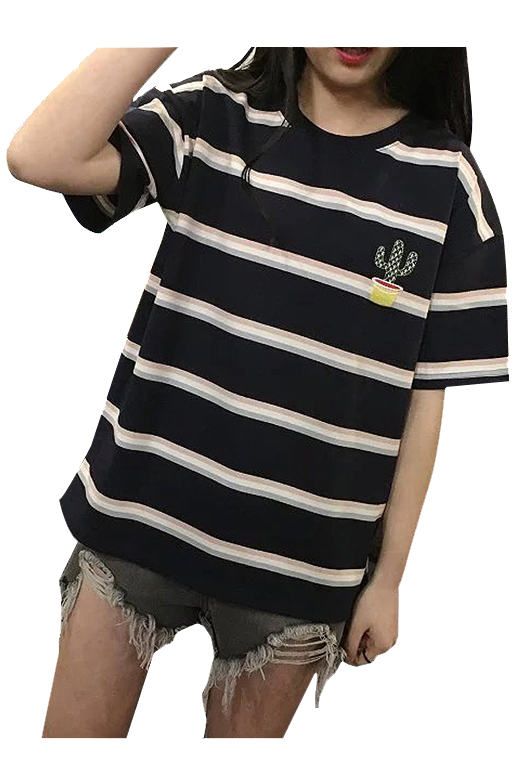 

Summer's Color Block Striped Print Round Neck Short Sleeve Cactus, Navy