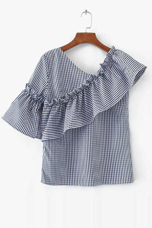 

Asymmetric Ruffle Front Bell Short Sleeve Plaid Color Block Blouse, Blue