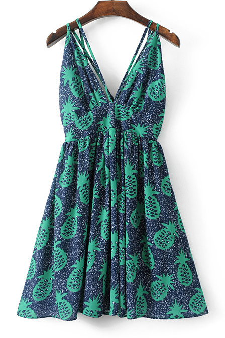 

Multi Straps Open Back Pineapple Printed A-Line Mini Slip Dress, Blue