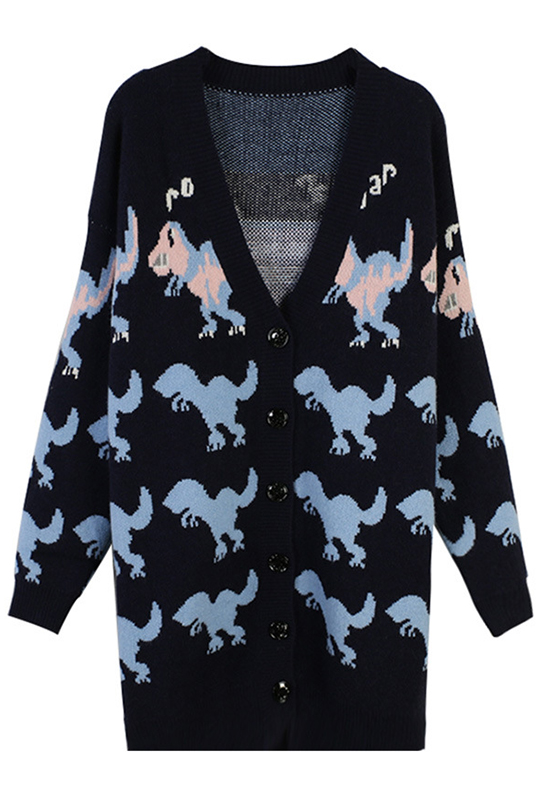 black cardigan with dinosaur buttons