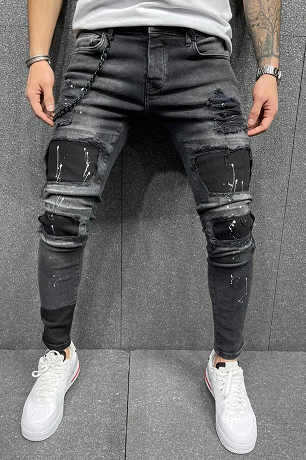 Men/'s Frayed Patchwork Pleated Splicing Zipper Skinny fit Stretch Denim Jeans