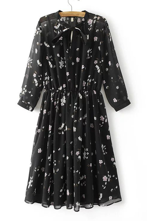 

New Stylish Tied Neck Long Sleeve Floral Printed Midi Pleated Dress, Black