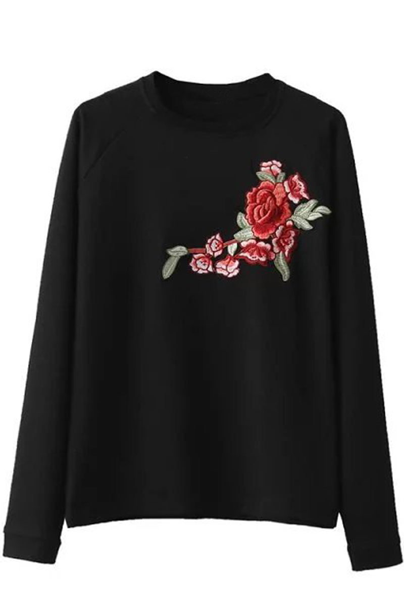 

Retro Floral Embroidered Round Neck Long Sleeve Pullover Sweatshirt, Black