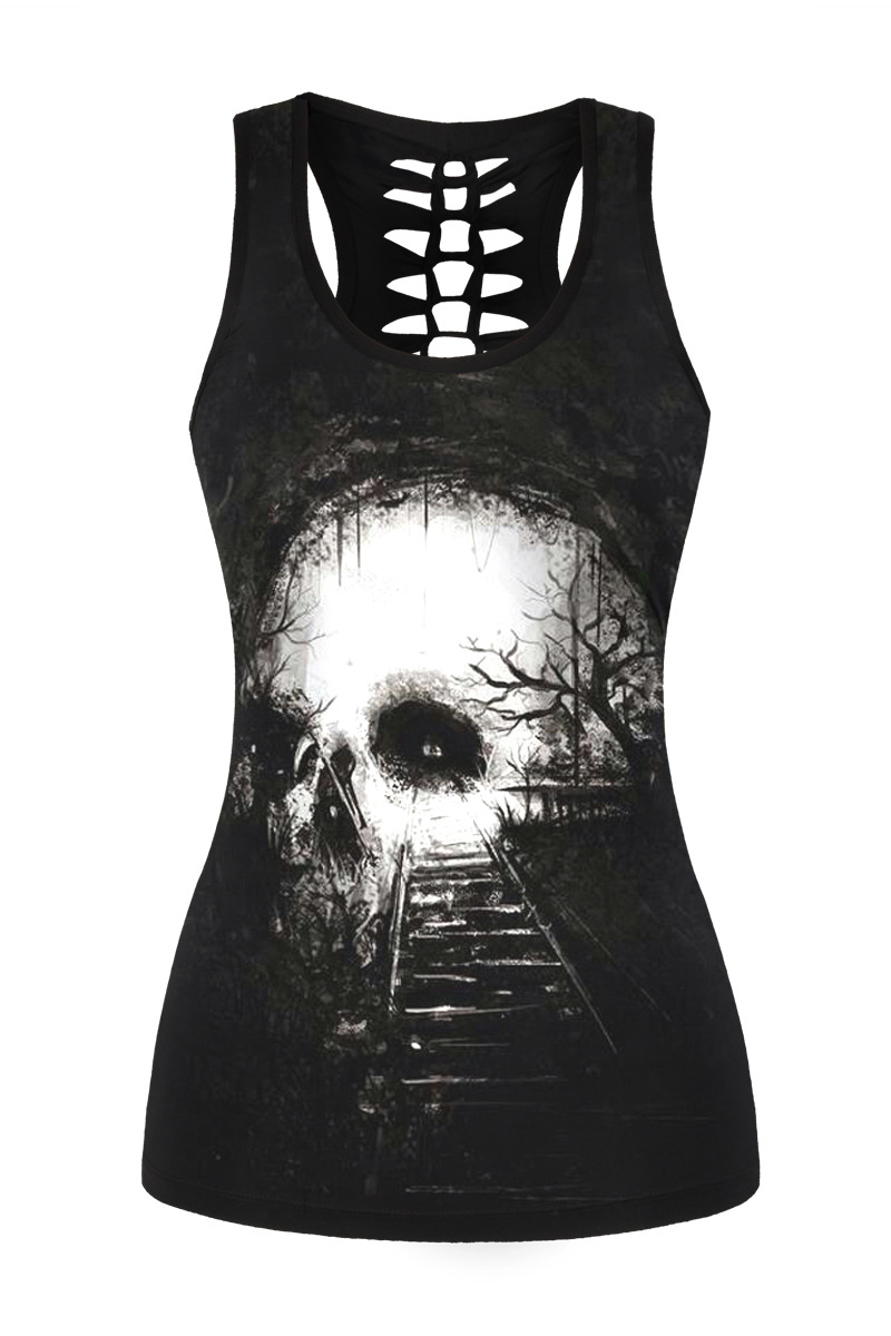 

New Arrival Skull Track Pattern Scoop Neck Cut Out Back Sports Tank, Black