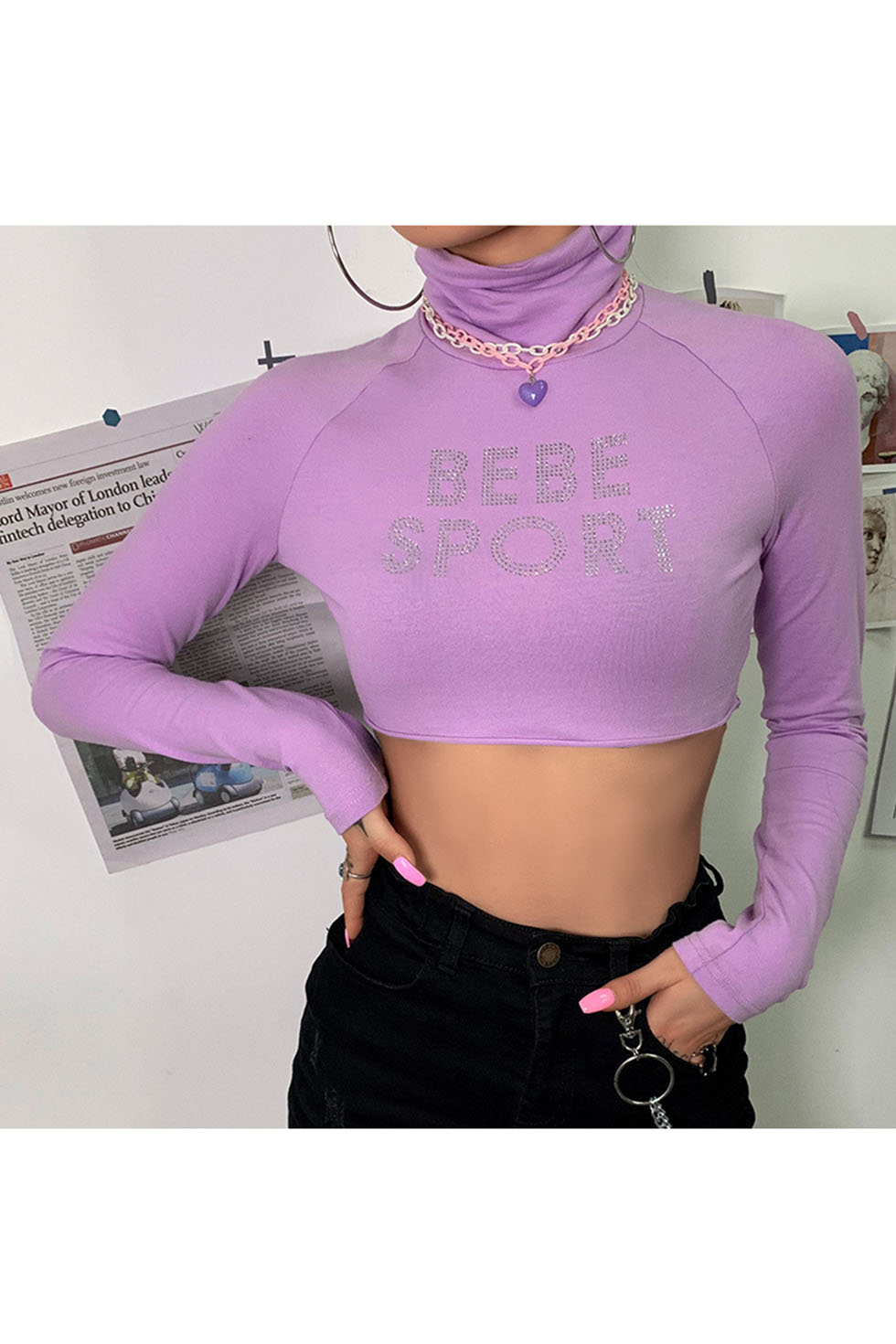 Purple Long Sleeve High Neck Bebe Sport Letter Hot Drill Embellished Cropped Tee Beautifulhalo Com