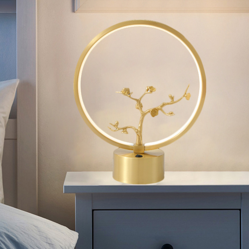 Metallic Branch Nightstand Light Post Modern Led Ring Table Lamp In Gold For Bedroom Beautifulhalo Com