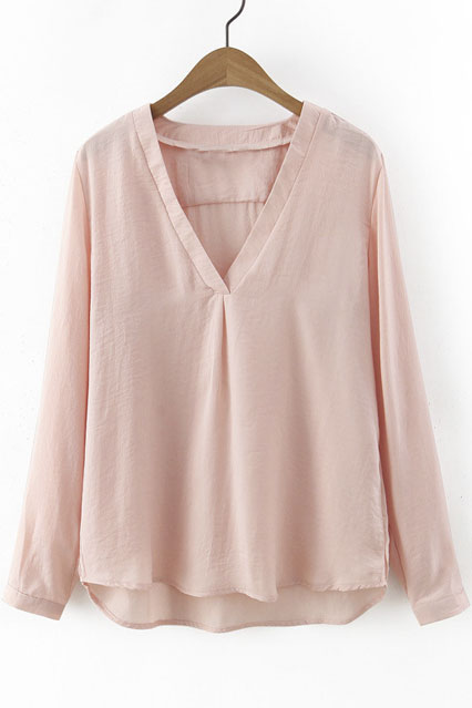 

Plain V-Neck Long Sleeves Dip Hem Blouse, Pearl pink