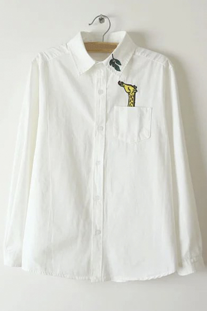 

Women's Cute Giraffe Embroidery Long Sleeve Single Breasted Casual, White