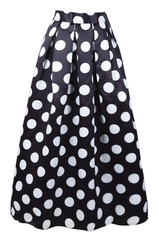 

Women's Contrast Polka Dot Print Maxi A-Line Flared Skirt, Black