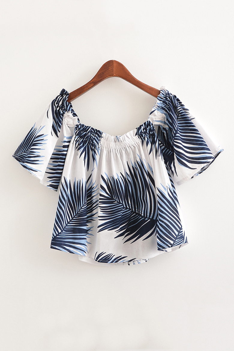 

Sexy Off the Shoulder Printed Color Block Short Sleeve Blouse, White