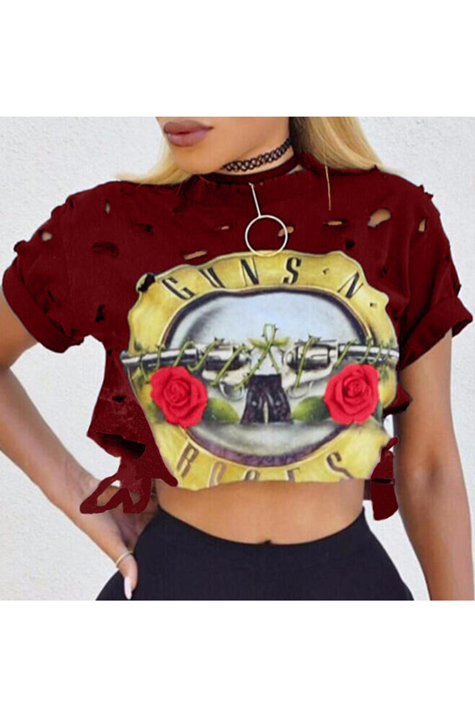 

New Fashion Round Neck Short Sleeve Ripped Hollow Out Printed Crop Tee, Burgundy