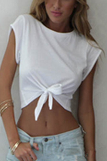 

Sexy Tied Hem Short Sleeve Round Neck Plain Cropped Tee, White