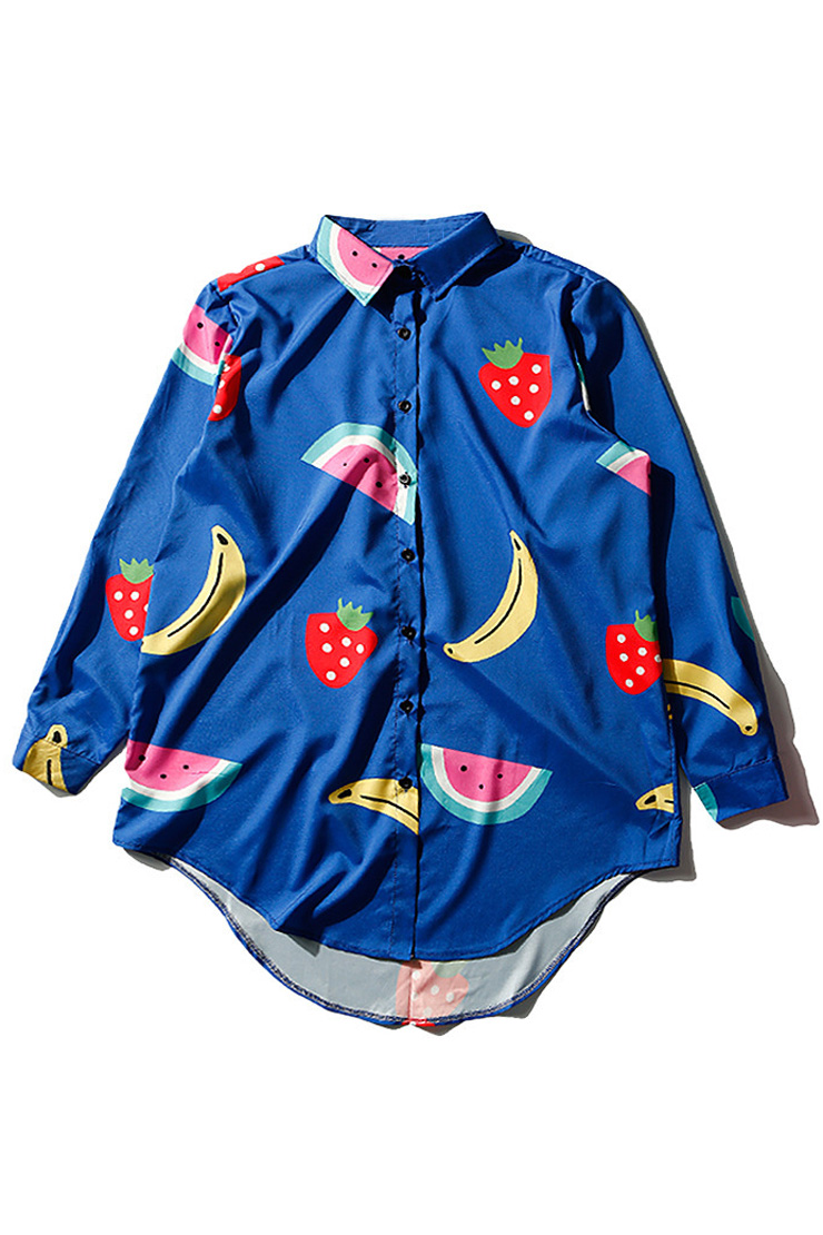 

Cartoon Fruit Printed Lapel Collar Long Sleeve High Low Hem Leisure, Blue