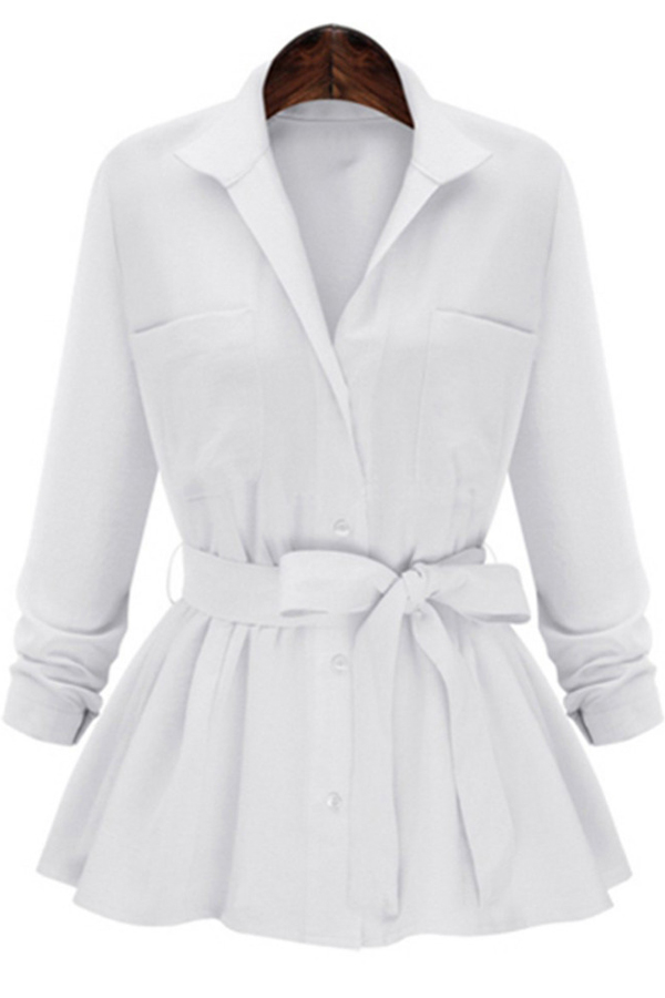 

New Fashion Lapel Collar Long Sleeve Tie Waist Buttons Down Plain, White