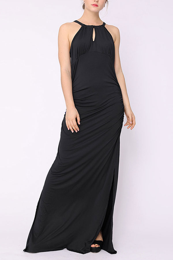 high slit ruched plain evening dress