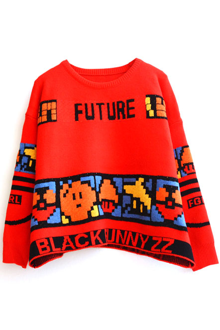 

Red Game & Letter Jacquard Long Sleeve Cartoon Sweater
