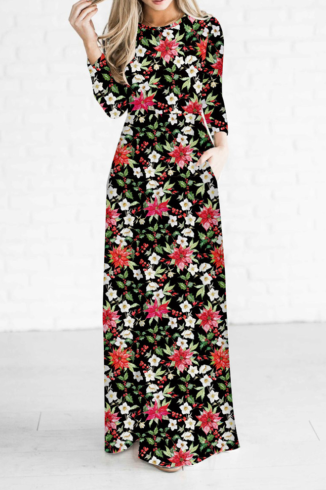 round neck floral printed maxi dress