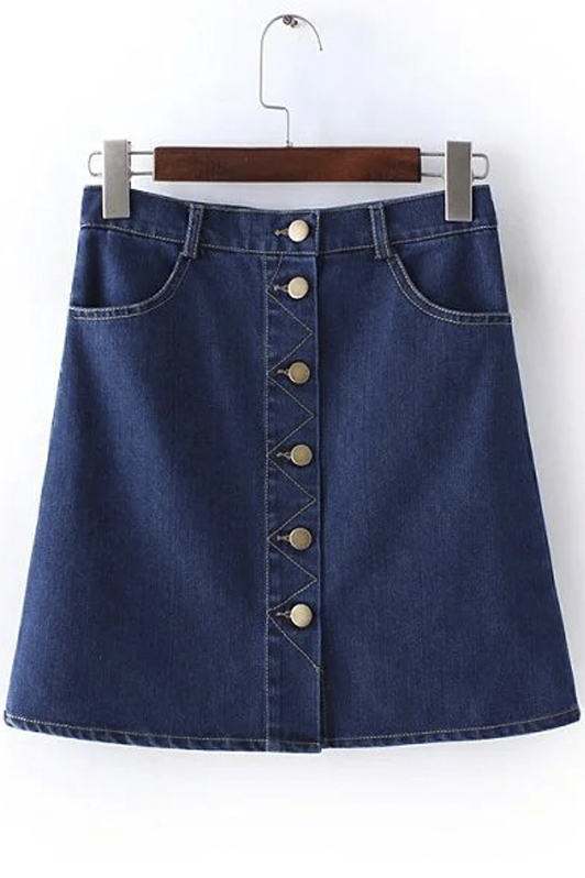 

Button Down Pockets A-line Mini Denim Skirts, Blue