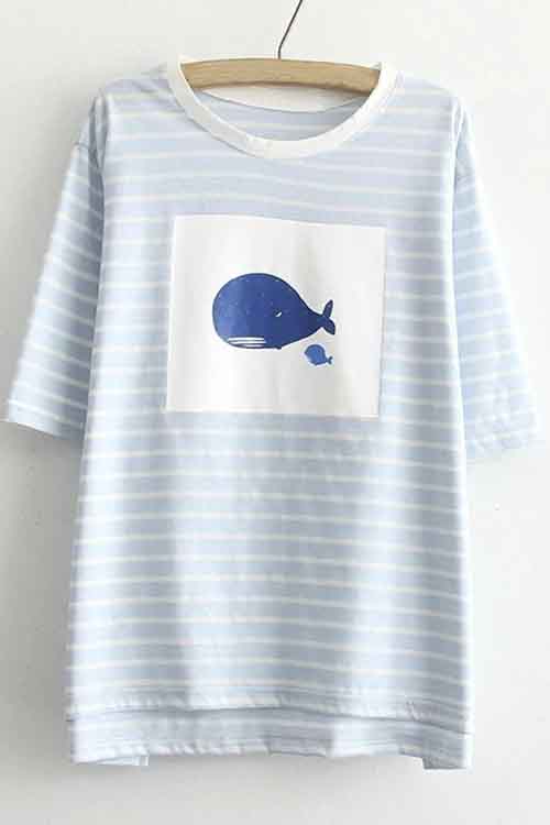 

Half Sleeve Round Neck Striped Cartoon Print Tee, Light blue