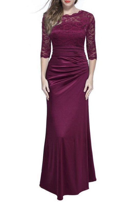 

Elegant Fashion Lace Insert Half Sleeve Plain Maxi Party Dress, Red