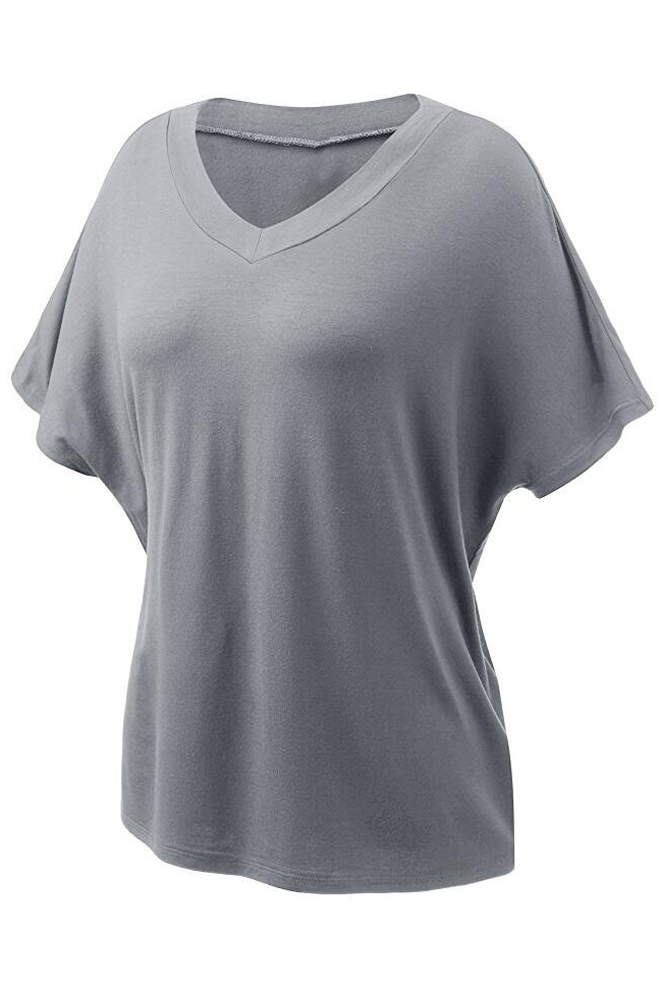 

Women's Batwing Short Sleeve V-Neck Plain Off-Duty Tee, Gray