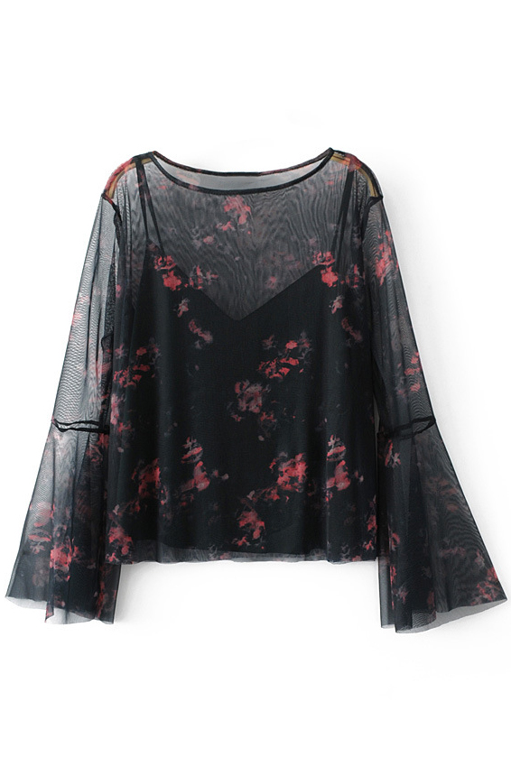 

Round Neck Bell Sleeve Floral Printed Sheer Blouse with Cami Top, Black