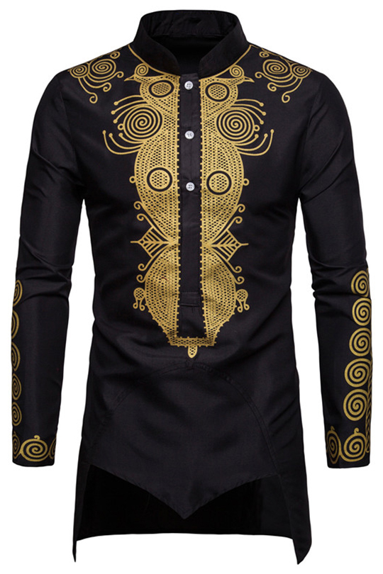 Daupanzees Mens African Metallic Print Dashiki Shirt Slim Fit Long Sleeve Dress Shirts Button Down Shirts