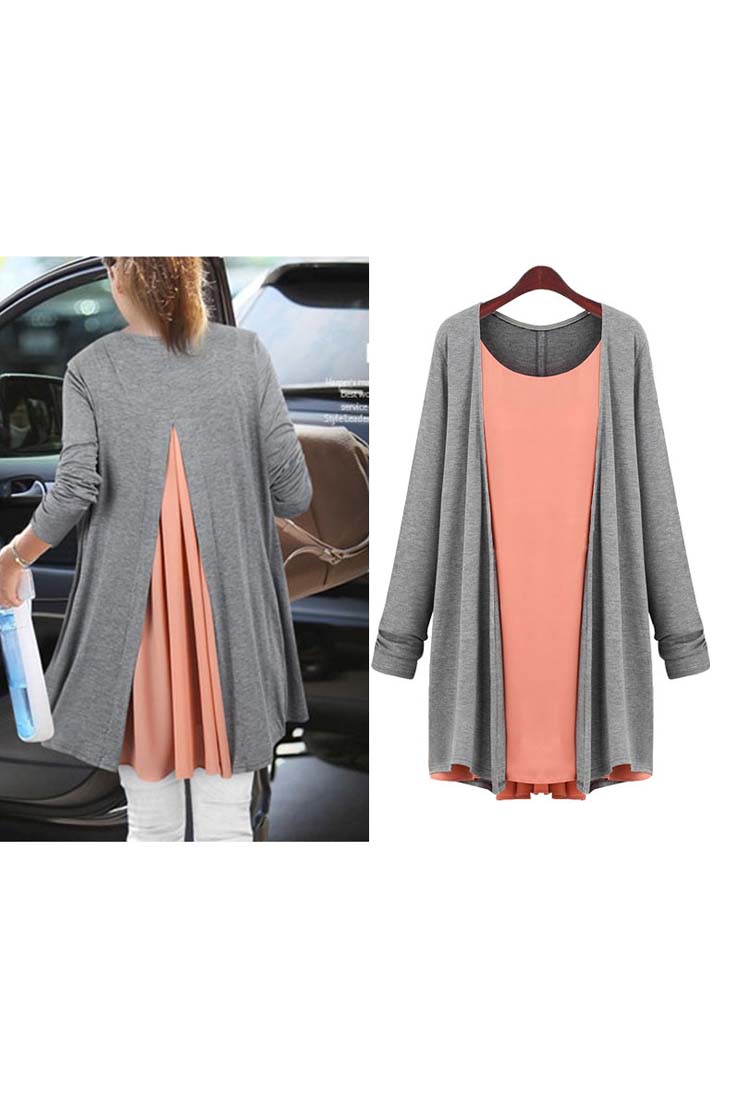 

Women's Fashion Color Block Faux Two-piece Long Sleeve T-shirt Plus, Pink