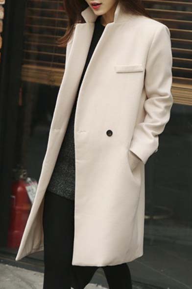 

Chic Plain Single Button Notched Lapel Long Sleeve Tunic Coat, Beige