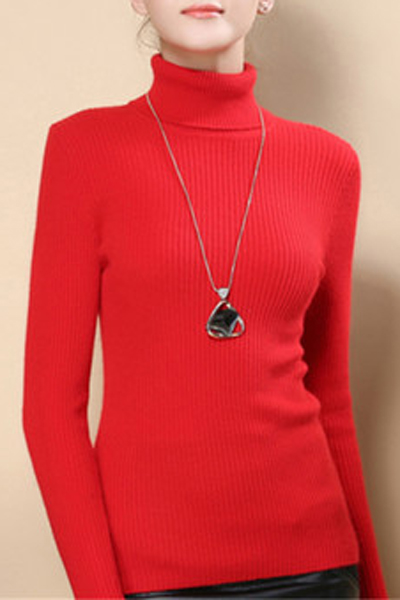 

Women's Long Sleeve Thin Ribbed Knit High Neck Plain Sweater, Red