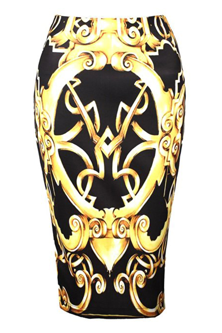 

Women Totem Print Midi Pencil Skirt for Office Wear, Black