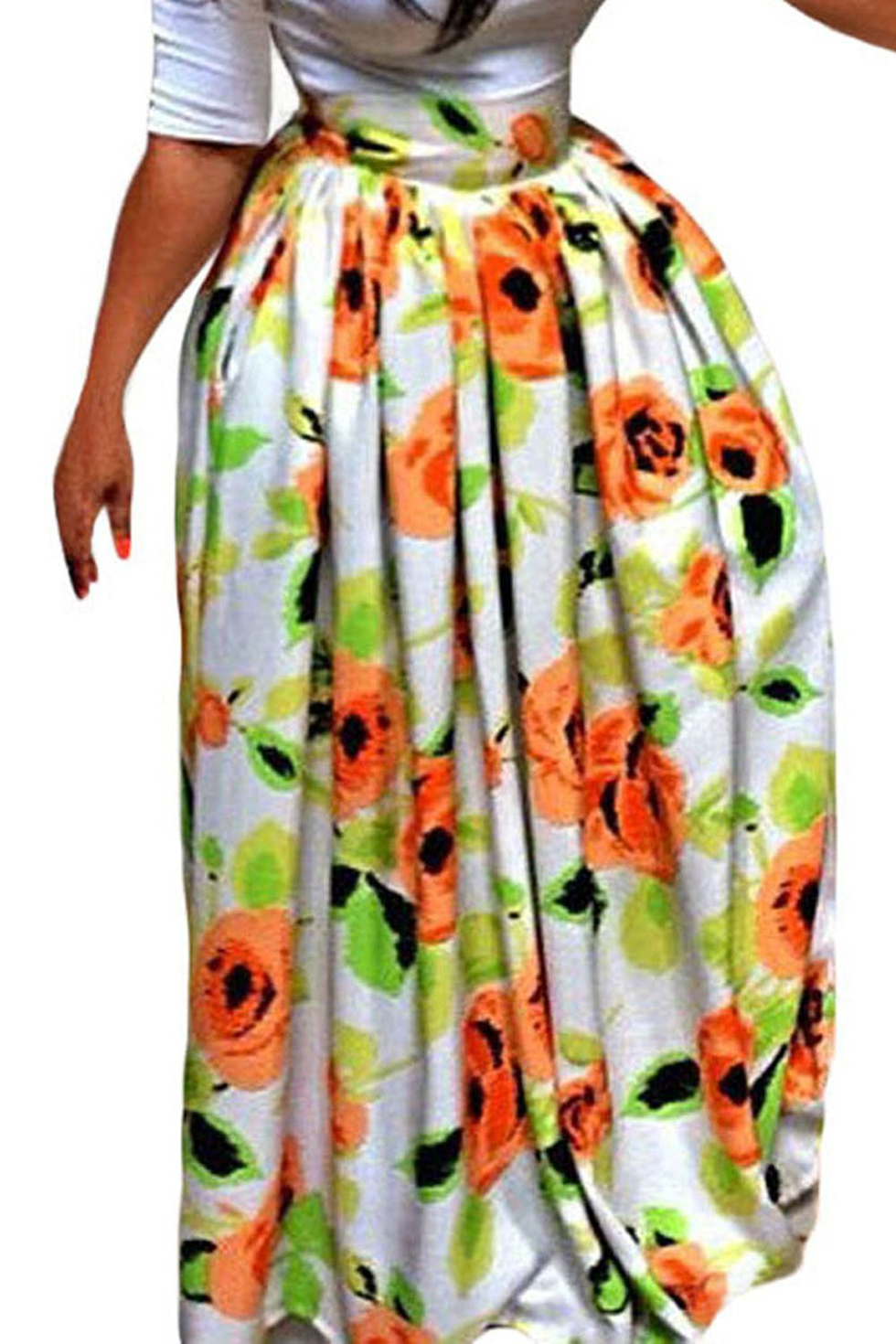 

Women African Floral Print Casual A Line Maxi Skirt, Orange