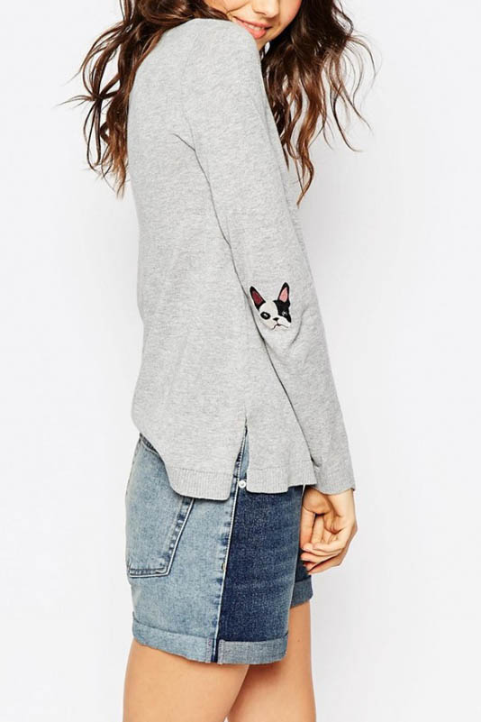 

Women's Embroidery Animal in Elbow Split Sides Plain Sweater, Gray