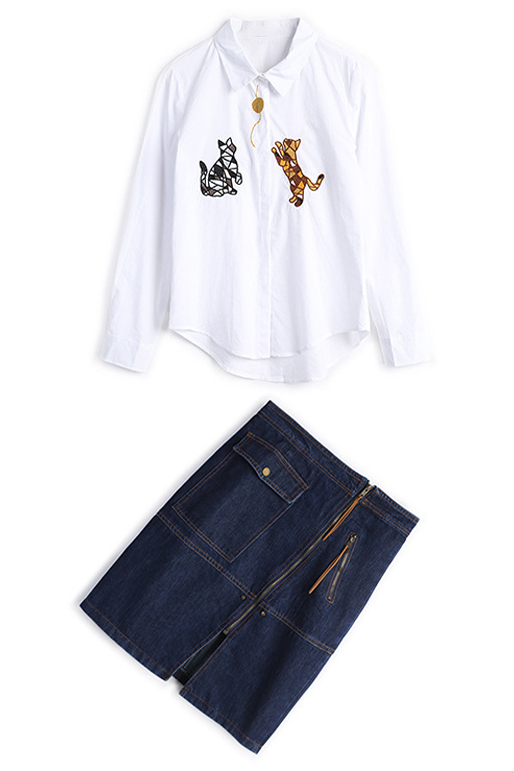 

Cartoon Cat Embroidered Long Sleeve Buttons Down Shirt Zip Fly Denim, White