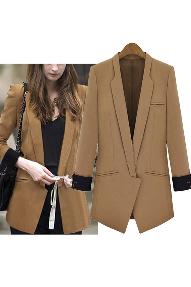 

OL Style Notched Lapel Contrast Cuffs Open-Front Blazer, Brown