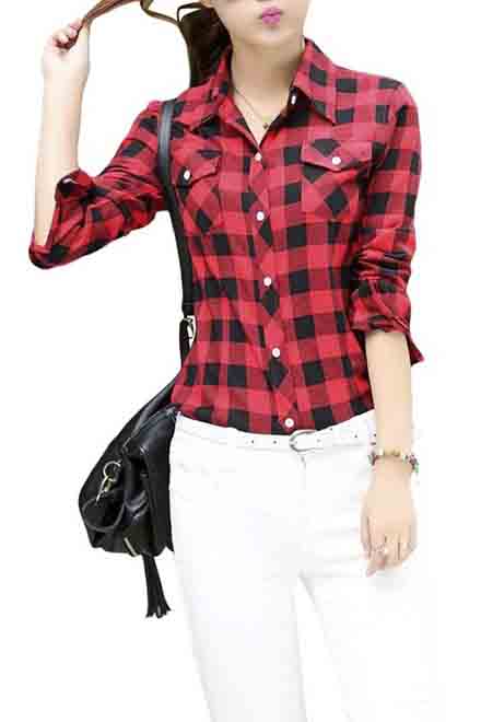

Lasher Female Cotton Casual Plaid Button-up Shirts, Red