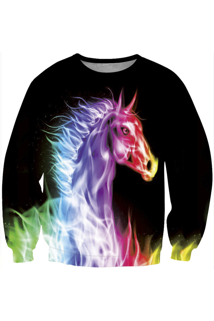 

Pullover Long Sleeve Colorful Horse Print Sweatshirt, Black