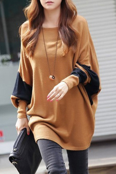 

Women Scoop Neck Color Block Batwing Loose Tunic Top, Khaki