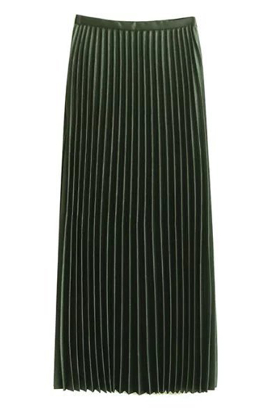 

Zip Side Elastic Waist Vertical Striped Midi Plain Pleated Skirt, Green