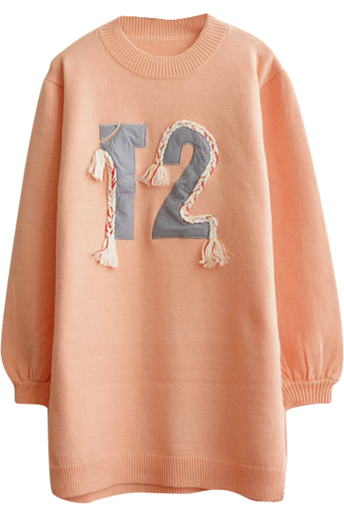 

Number Patchwork Round Neck Long Sleeve Longline Sweater, Orange