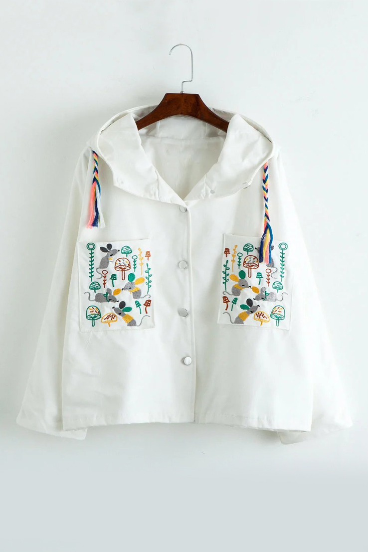 

Drawstring Hooded Single Breasted Embroidery Pattern Trench Coat, White