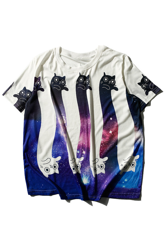 

Casual Cartoon Cat Galaxy Printed Short Sleeve Round Neck Tee, White